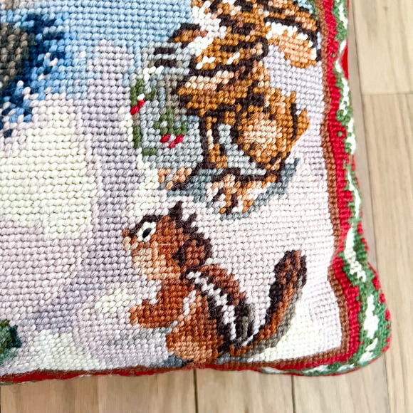 Vintage Needlepoint Christmas Snowman Chipmunk Bunny Square 13.5in Red - Picture 4 of 9